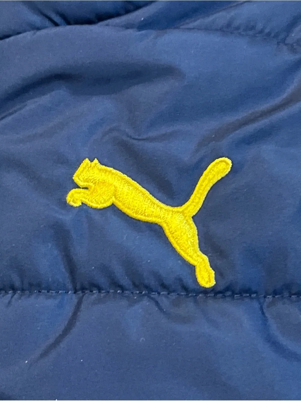 Puma Kids' Navy Blue Puffer Vest with Yellow Logo XS